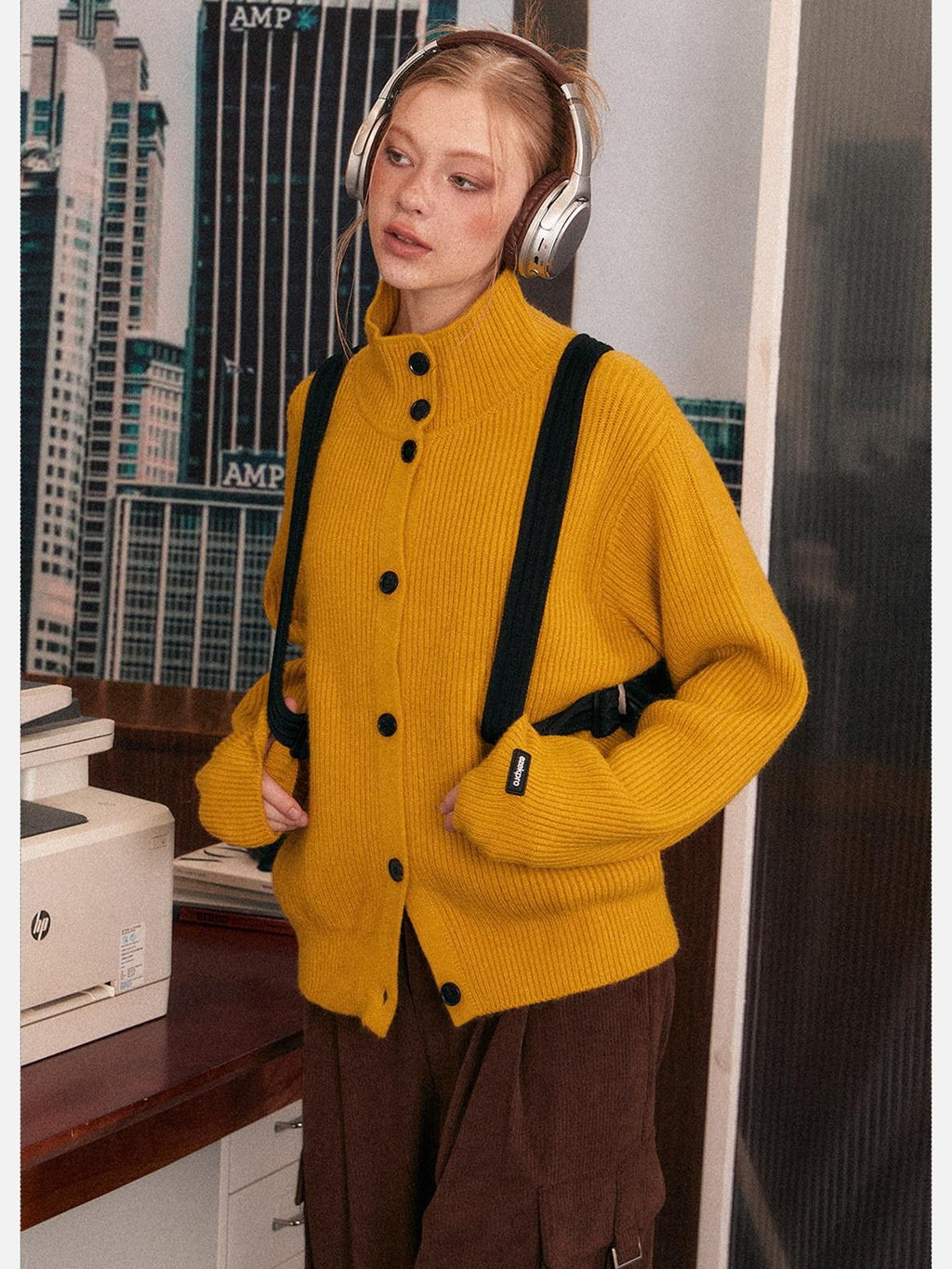 EZEK Retro Heavy Knit High Collar Single Button Loose Women's Acrylic Cardigans