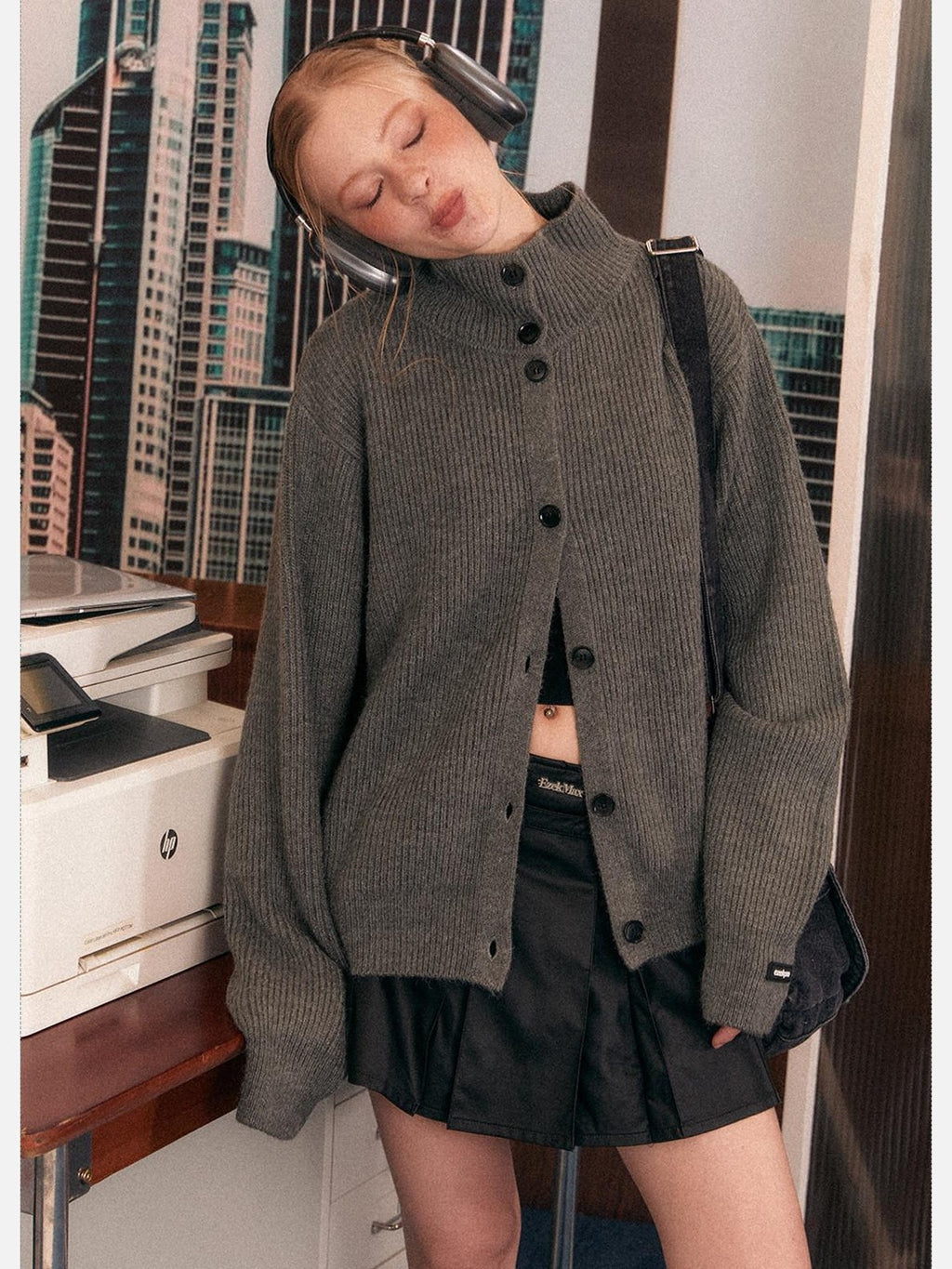 EZEK Retro Heavy Knit High Collar Single Button Loose Women's Acrylic Cardigans