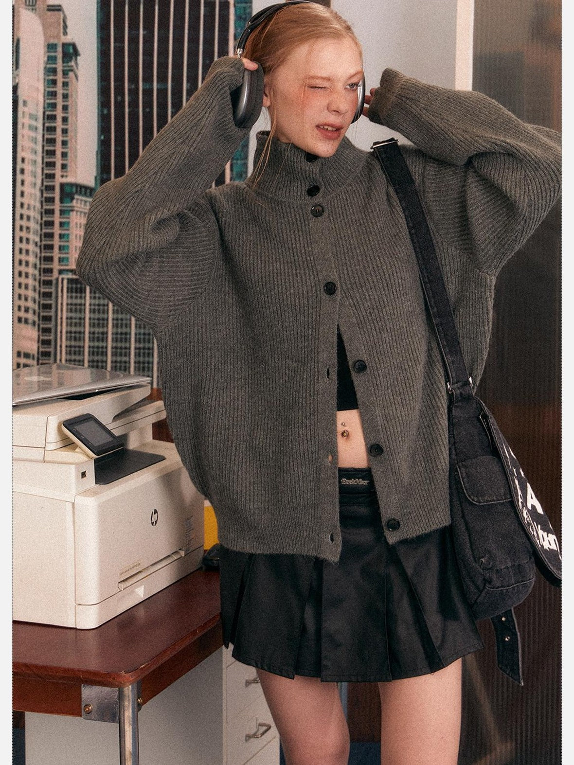 EZEK Retro Heavy Knit High Collar Single Button Loose Women's Acrylic Cardigans