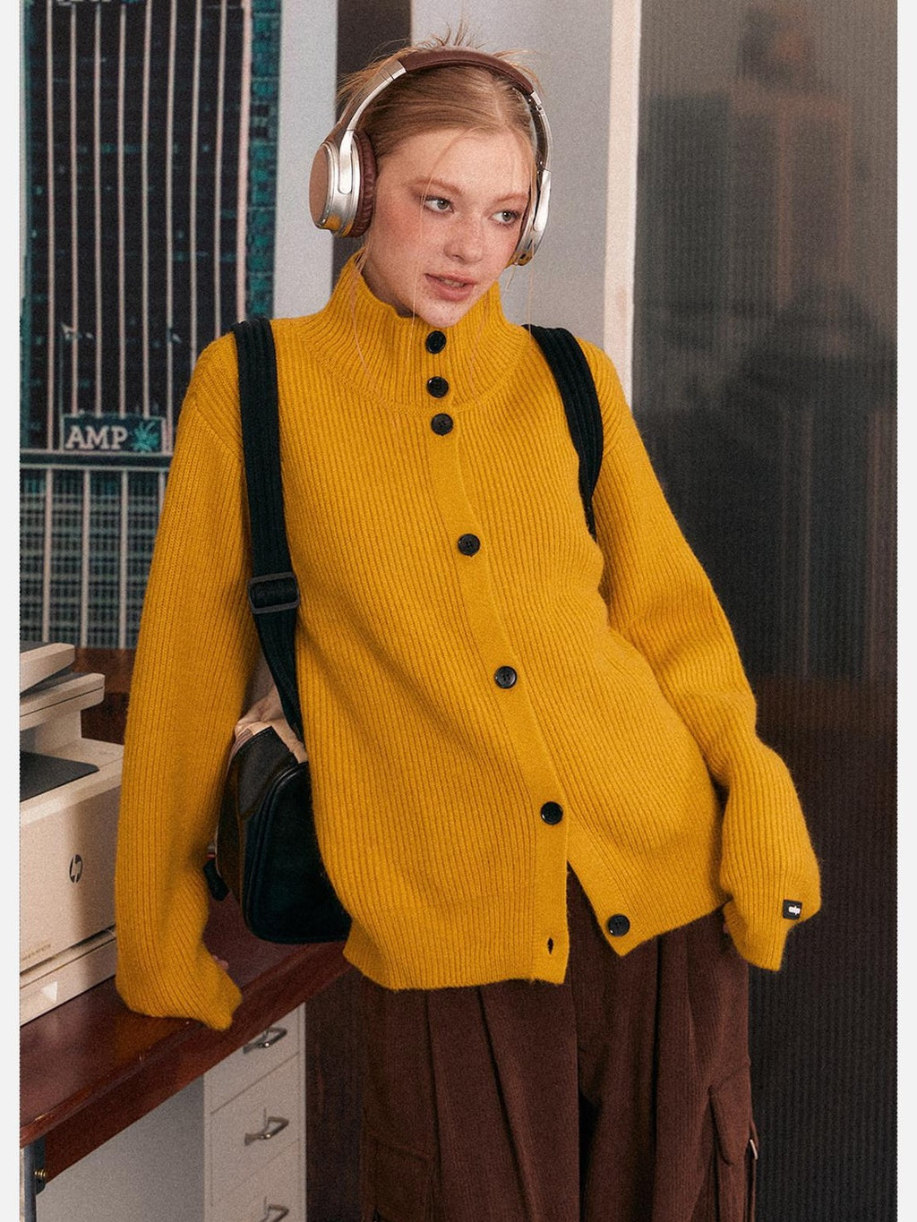 EZEK Retro Heavy Knit High Collar Single Button Loose Women's Acrylic Cardigans