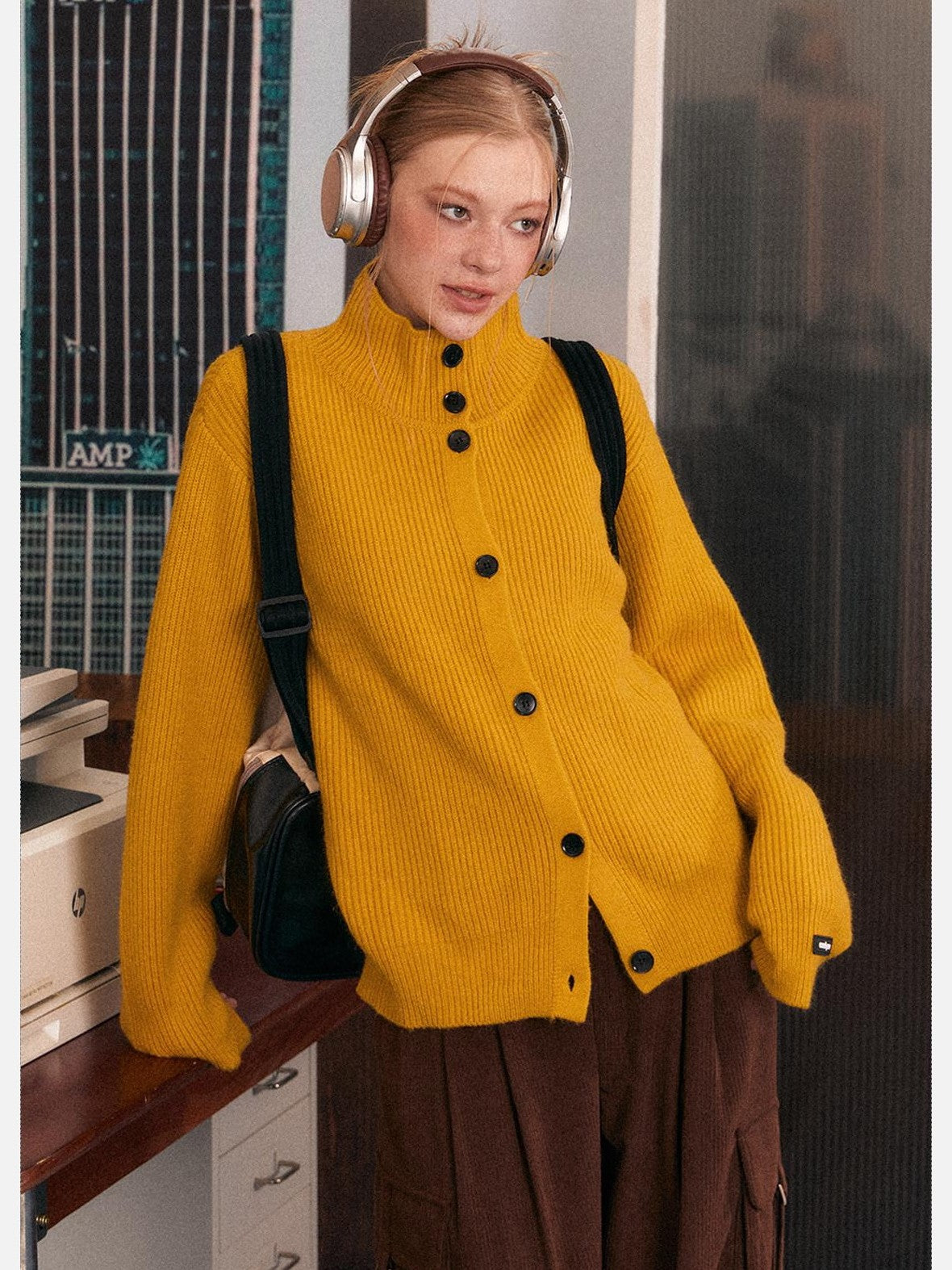 EZEK Retro Heavy Knit High Collar Single Button Loose Women's Acrylic Cardigans