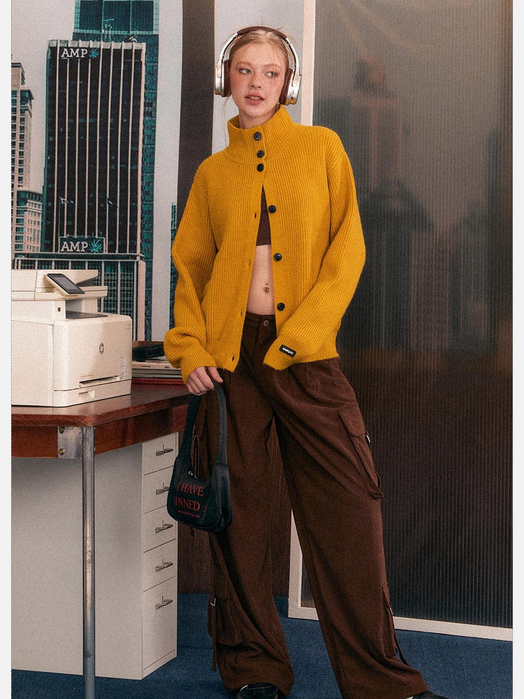 EZEK Retro Heavy Knit High Collar Single Button Loose Women's Acrylic Cardigans