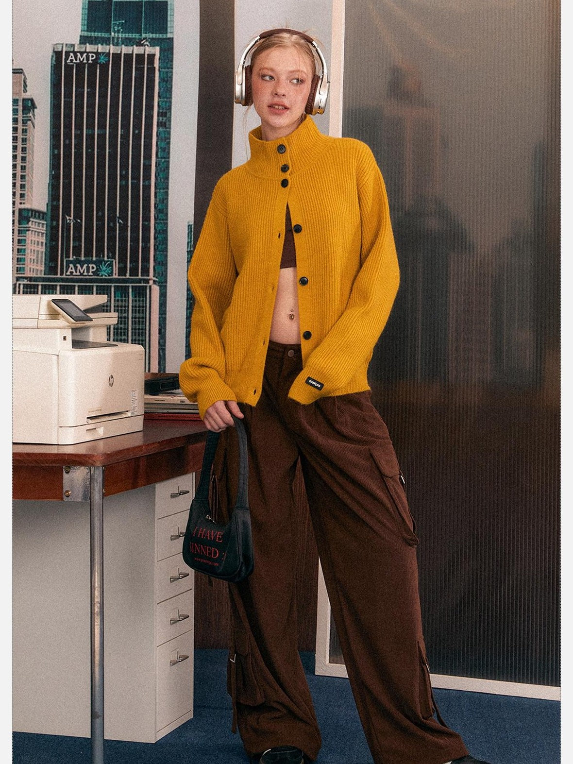 EZEK Retro Heavy Knit High Collar Single Button Loose Women's Acrylic Cardigans