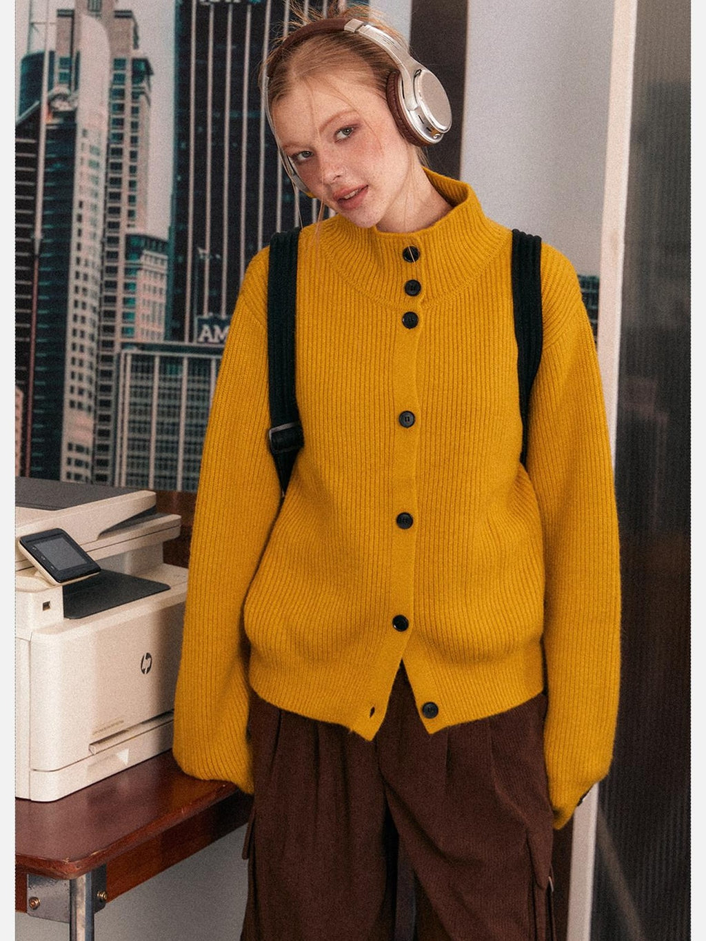 EZEK Retro Heavy Knit High Collar Single Button Loose Women's Acrylic Cardigans