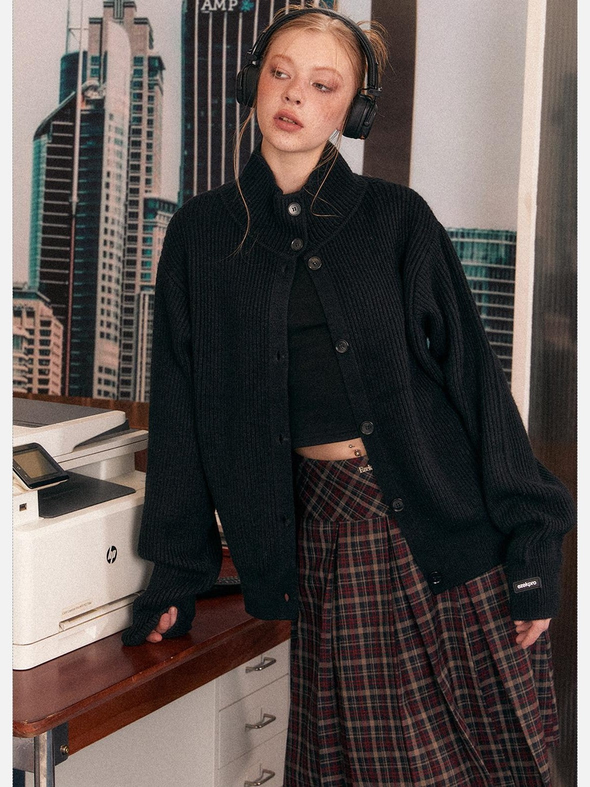 EZEK Retro Heavy Knit High Collar Single Button Loose Women's Acrylic Cardigans