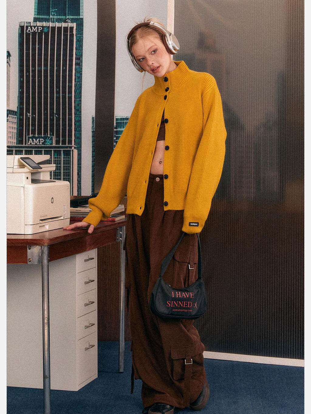 EZEK Retro Heavy Knit High Collar Single Button Loose Women's Acrylic Cardigans