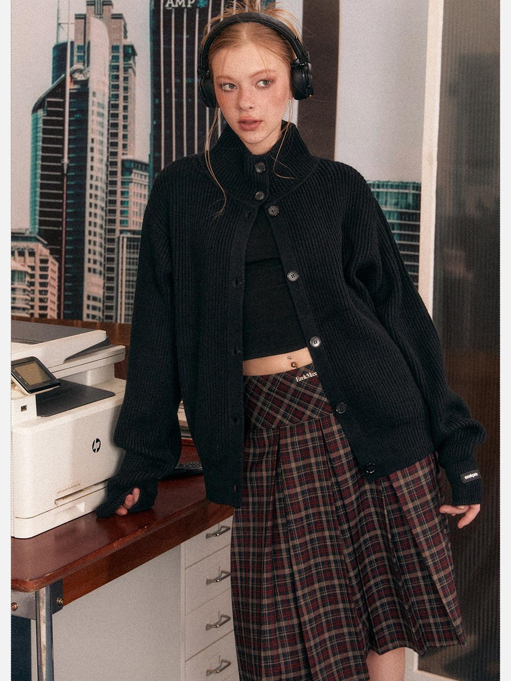 EZEK Retro Heavy Knit High Collar Single Button Loose Women's Acrylic Cardigans