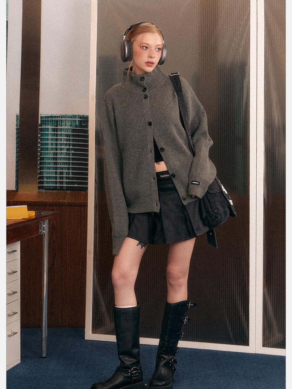 EZEK Retro Heavy Knit High Collar Single Button Loose Women's Acrylic Cardigans
