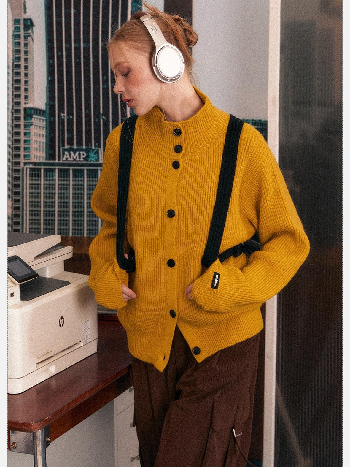 EZEK Retro Heavy Knit High Collar Single Button Loose Women's Acrylic Cardigans