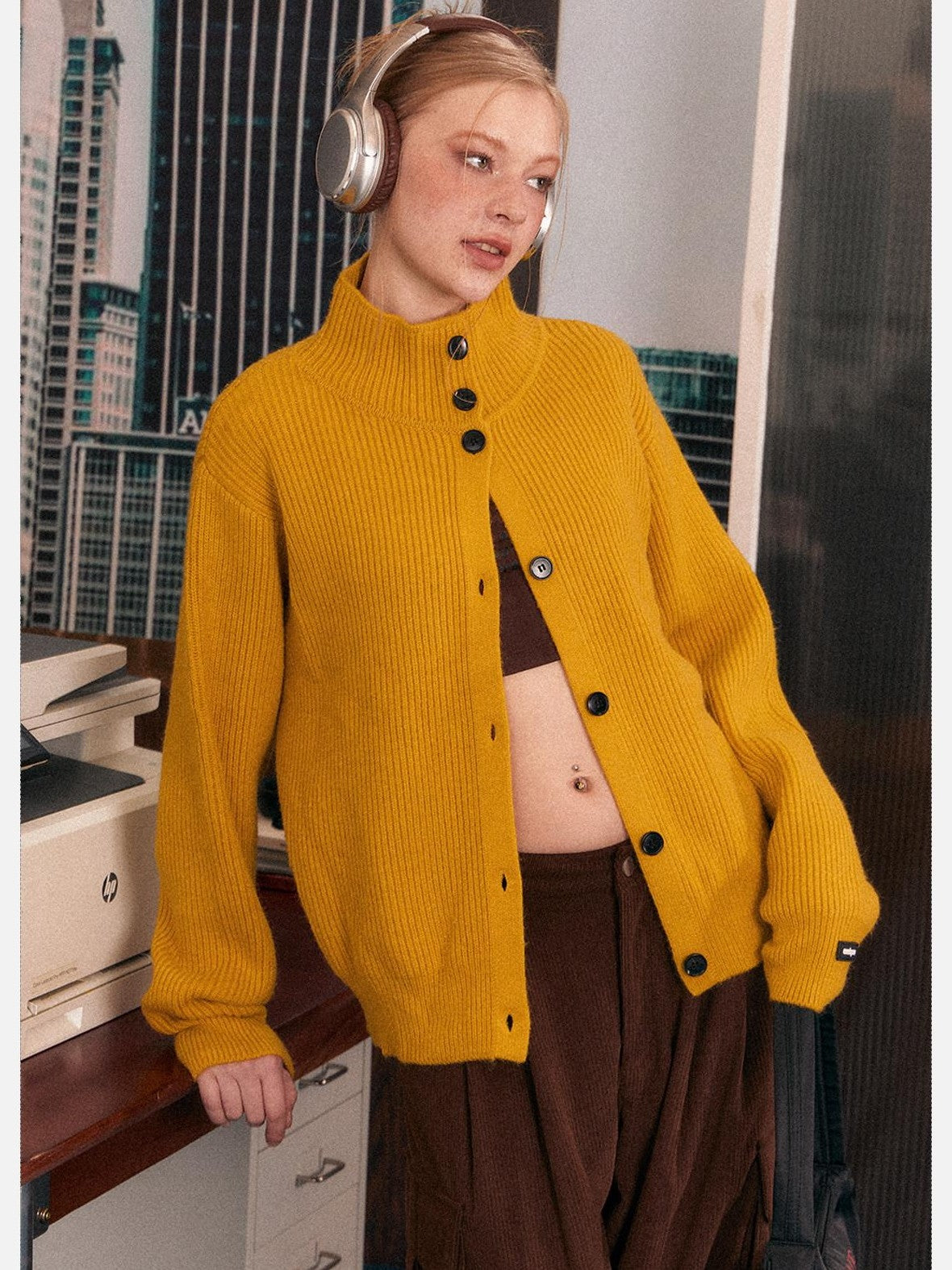 EZEK Retro Heavy Knit High Collar Single Button Loose Women's Acrylic Cardigans