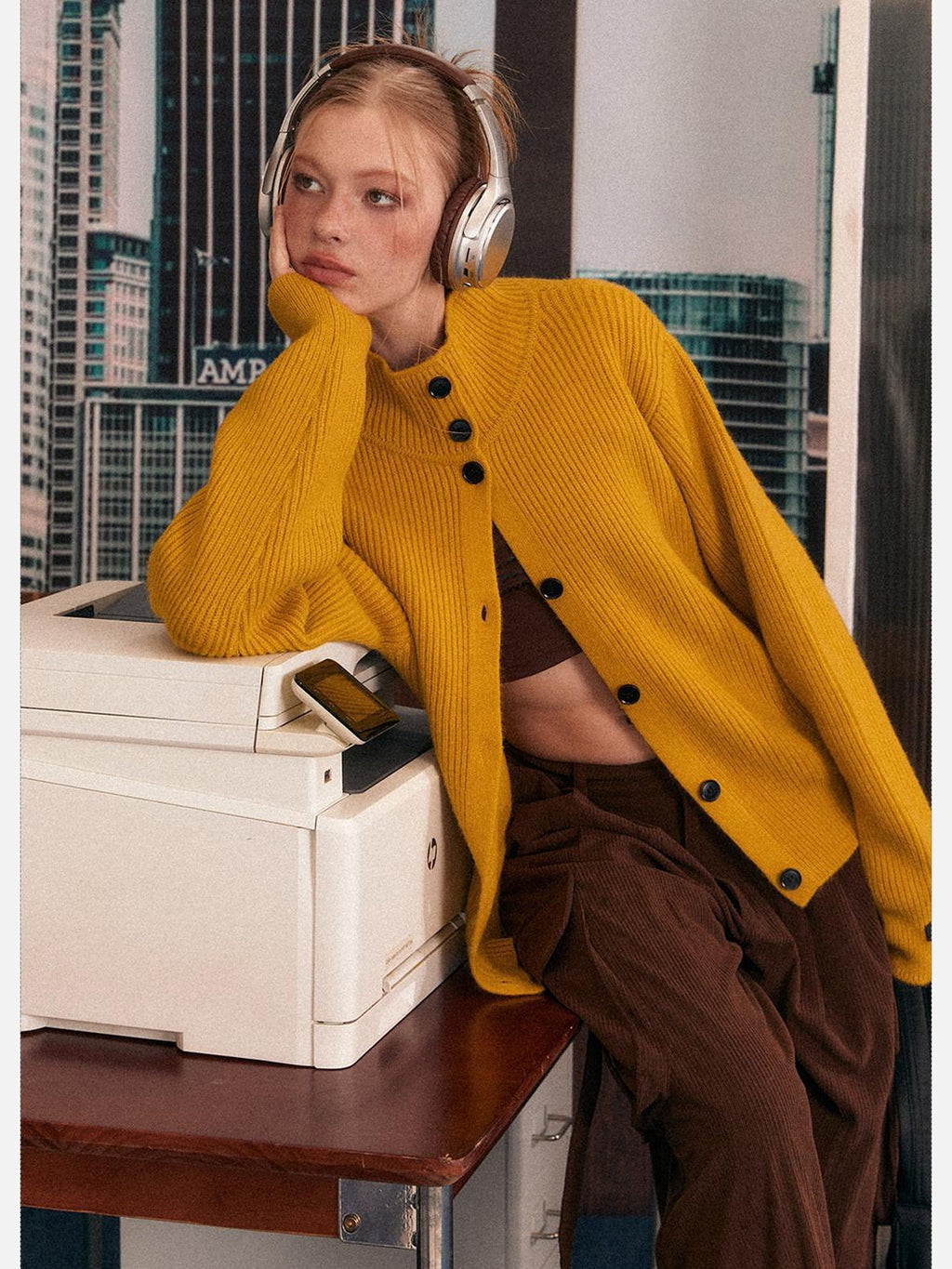 EZEK Retro Heavy Knit High Collar Single Button Loose Women's Acrylic Cardigans
