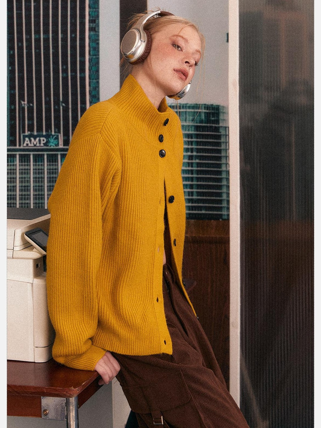 EZEK Retro Heavy Knit High Collar Single Button Loose Women's Acrylic Cardigans