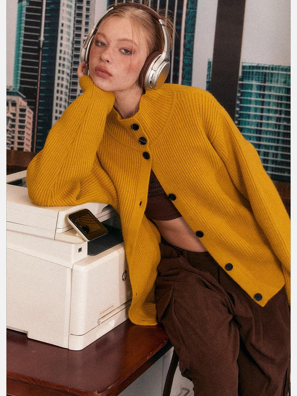 EZEK Retro Heavy Knit High Collar Single Button Loose Women's Acrylic Cardigans