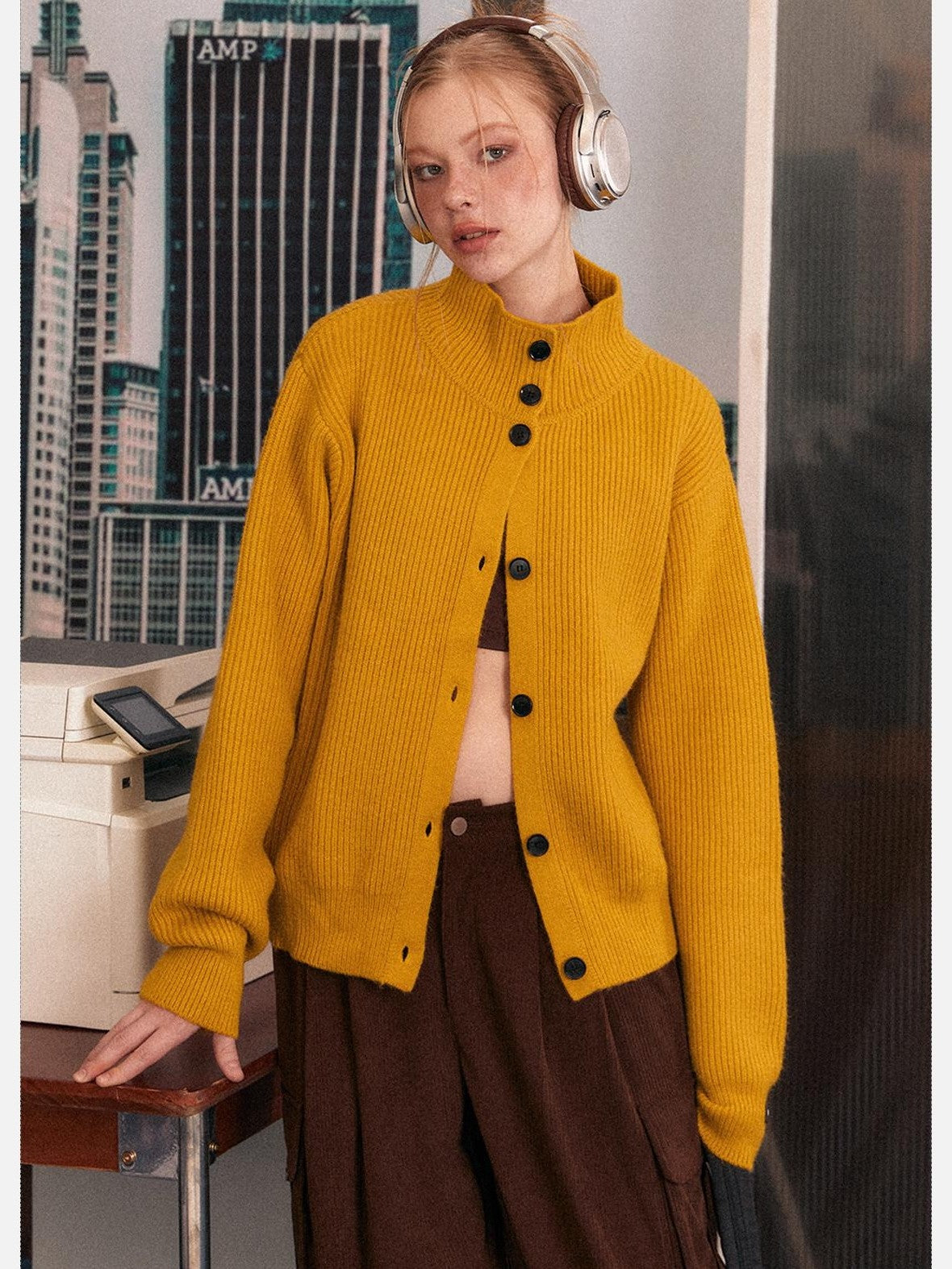 EZEK Retro Heavy Knit High Collar Single Button Loose Women's Acrylic Cardigans