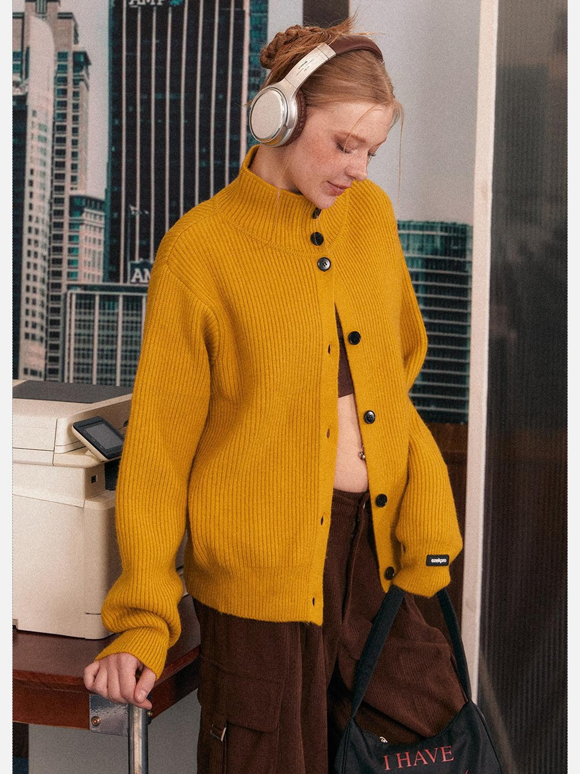 EZEK Retro Heavy Knit High Collar Single Button Loose Women's Acrylic Cardigans
