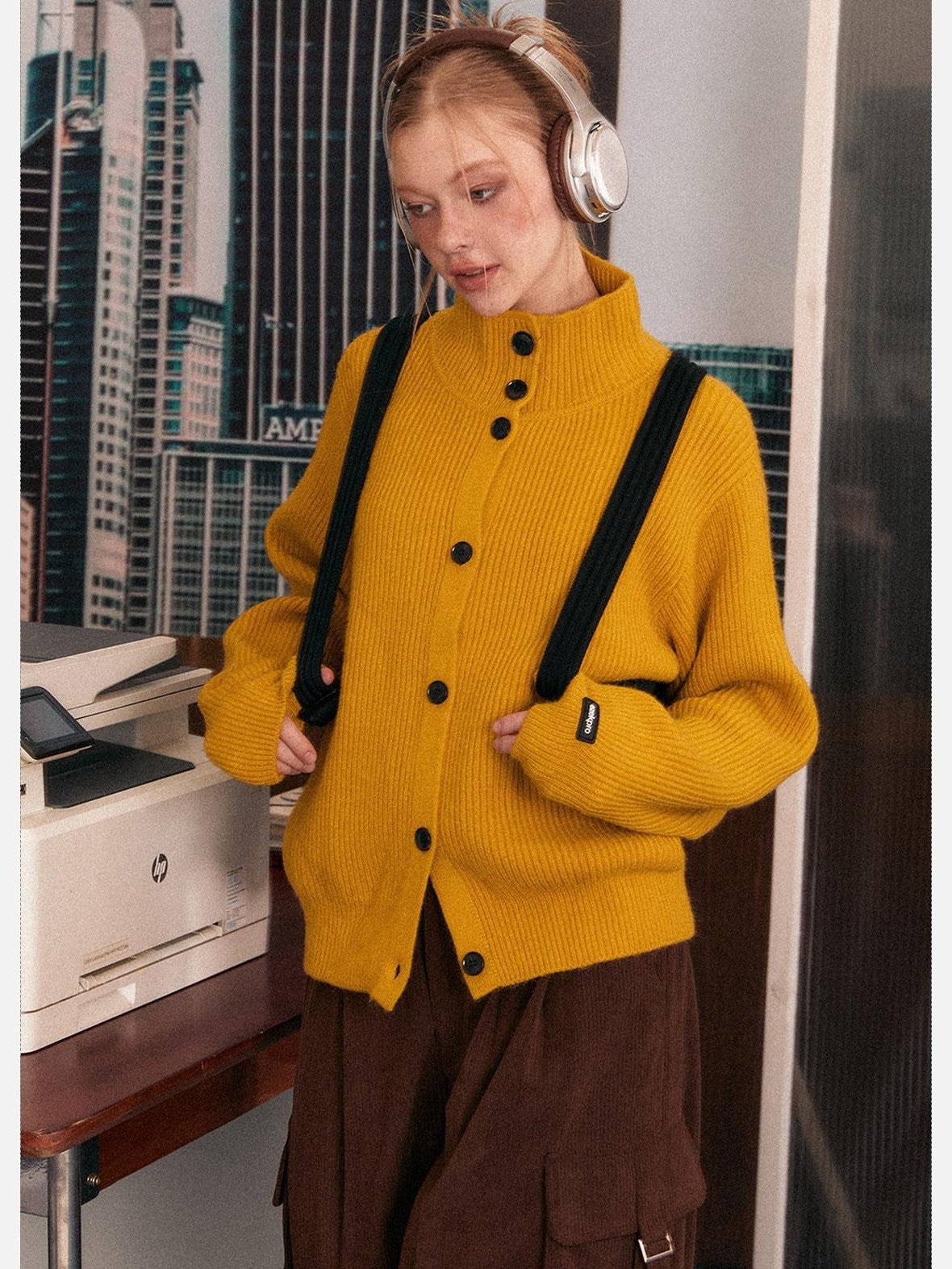 EZEK Retro Heavy Knit High Collar Single Button Loose Women's Acrylic Cardigans