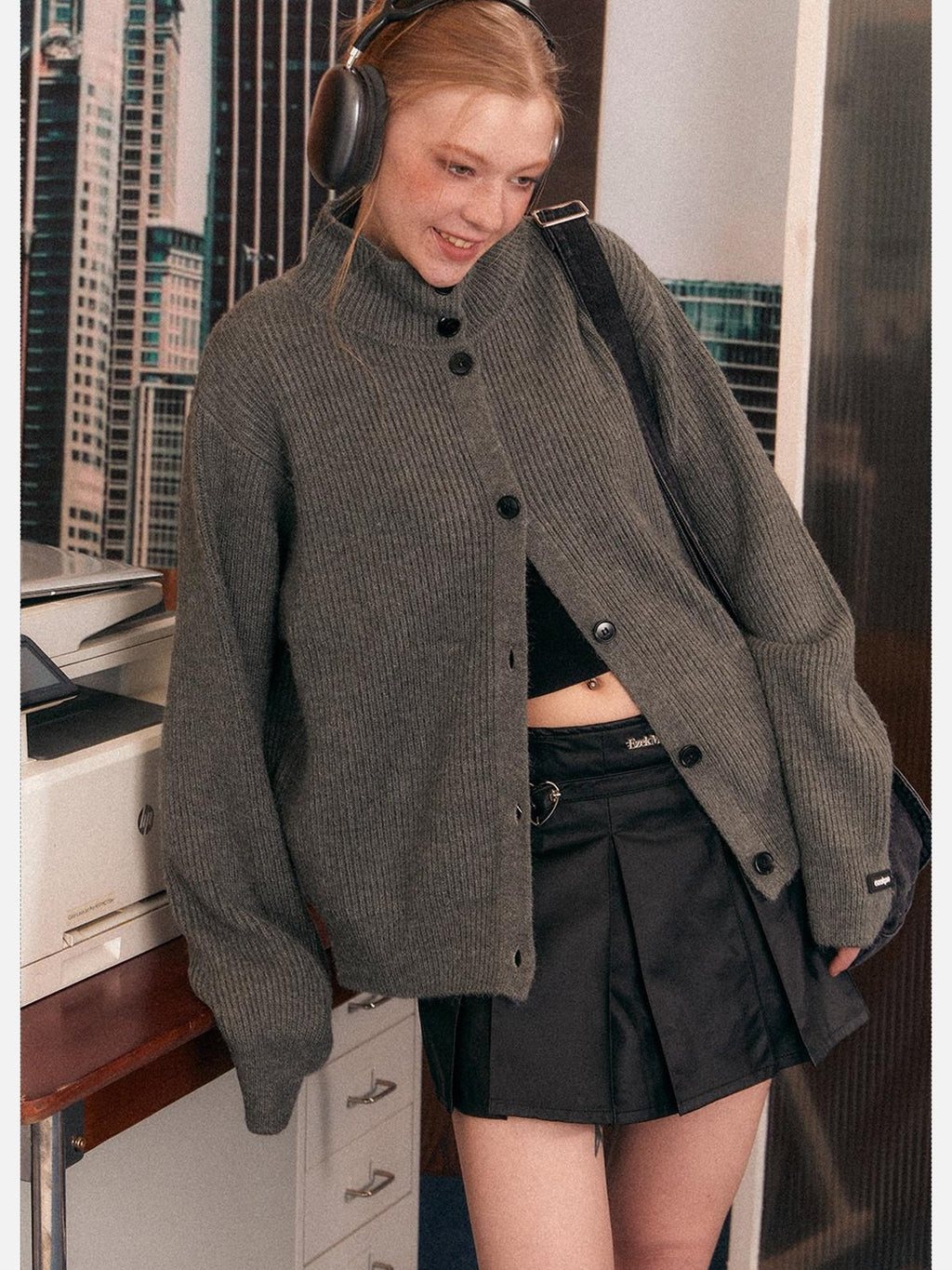 EZEK Retro Heavy Knit High Collar Single Button Loose Women's Acrylic Cardigans