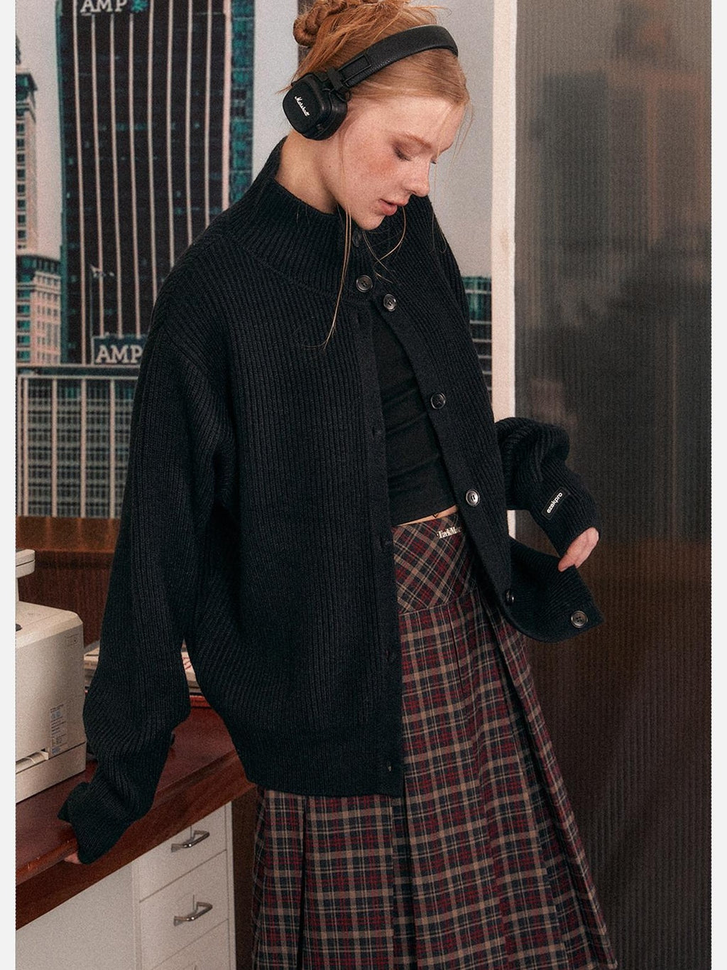 EZEK Retro Heavy Knit High Collar Single Button Loose Women's Acrylic Cardigans