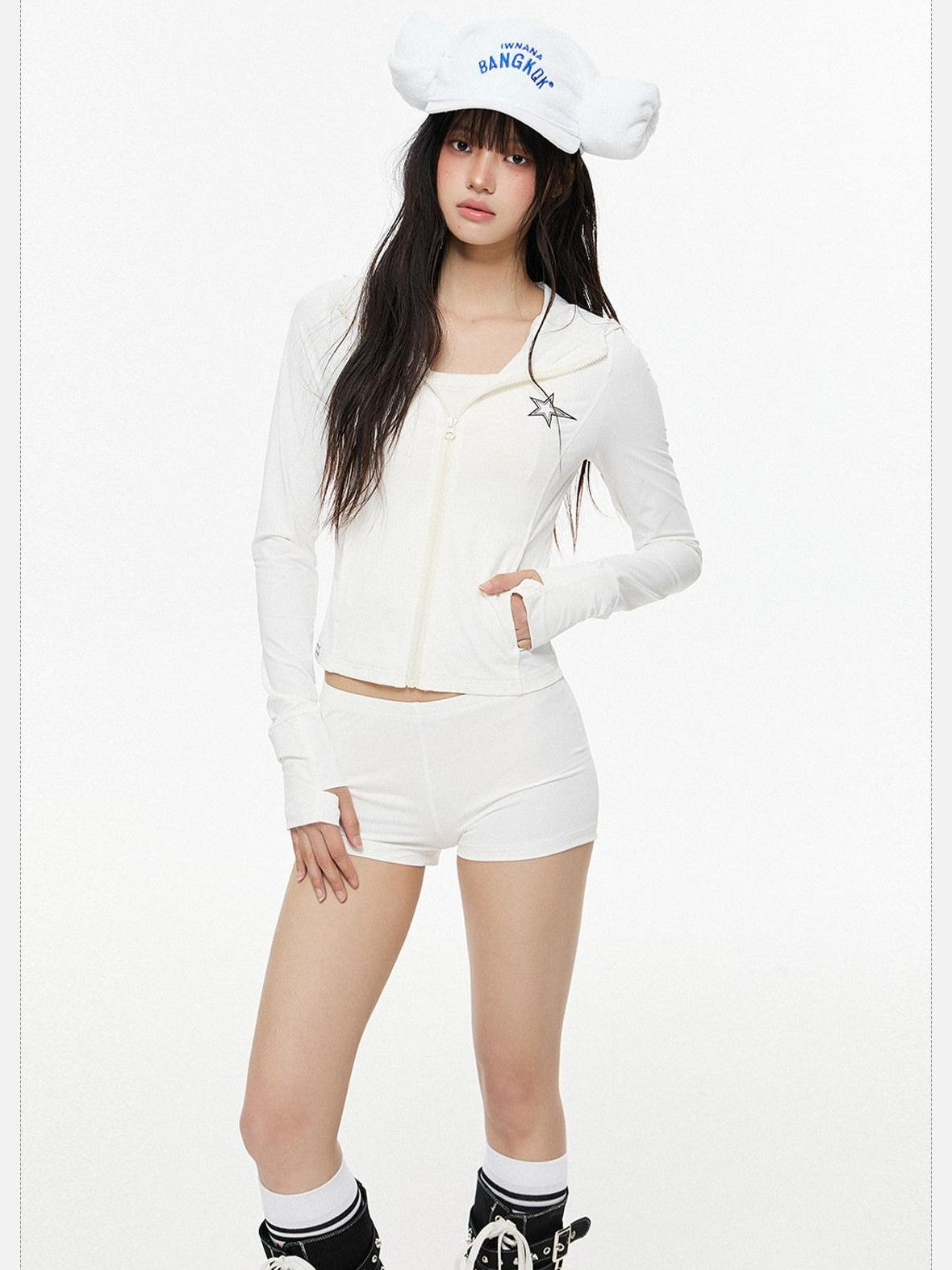 EZEK Retro Long Sleeve Hooded Solid Zipper Pocket Upf50 Women's Cropped Rash Guards