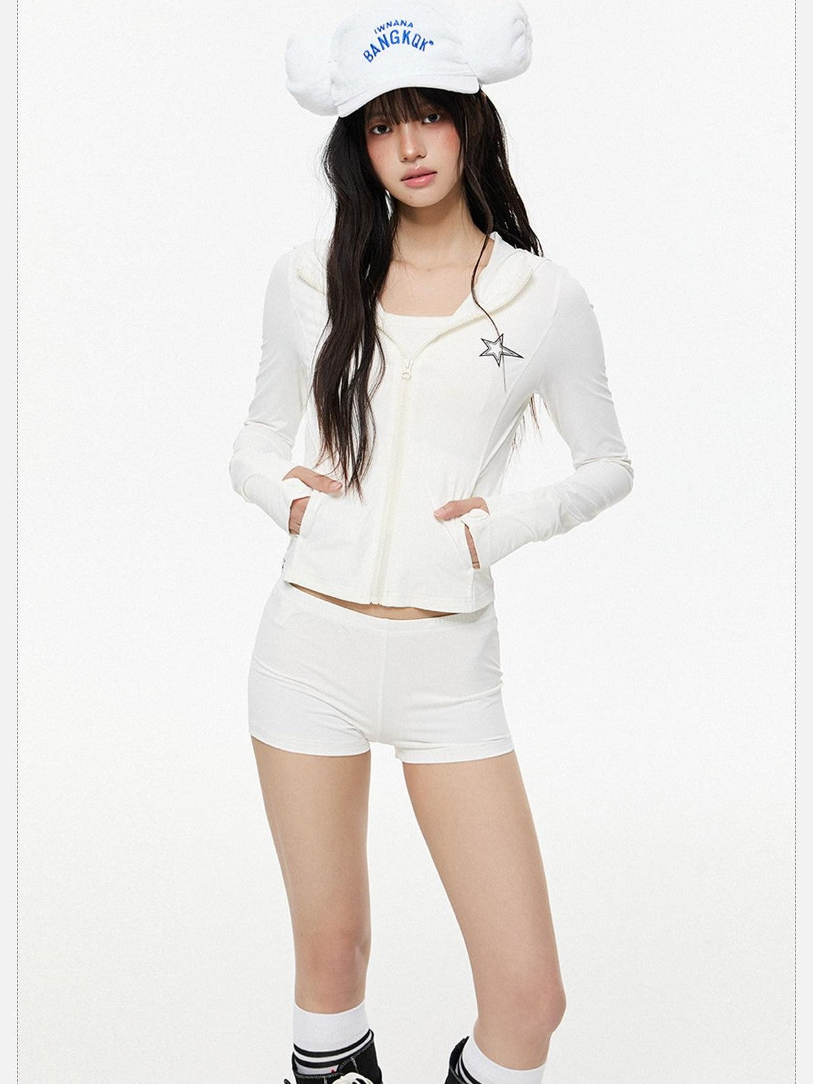 EZEK Retro Long Sleeve Hooded Solid Zipper Pocket Upf50 Women's Cropped Rash Guards