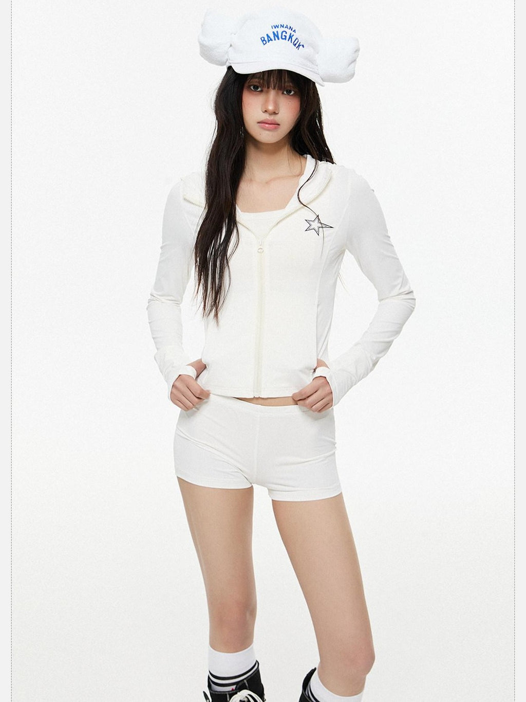 EZEK Retro Long Sleeve Hooded Solid Zipper Pocket Upf50 Women's Cropped Rash Guards