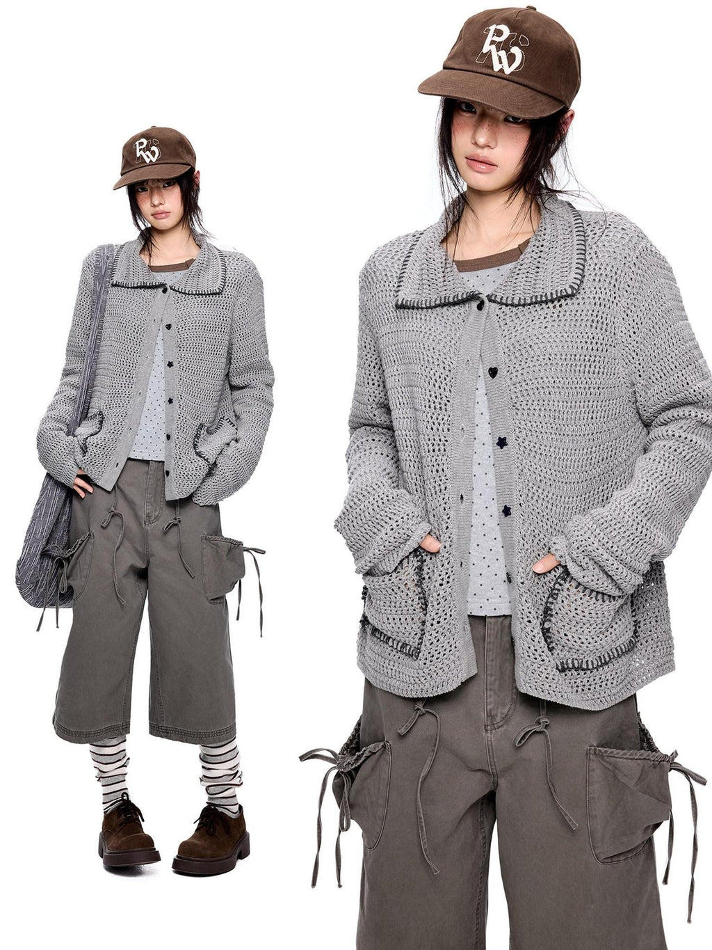 EZEK Retro Polo Collar Openwork Knit Striped Women's Cotton Blend Button-up Cardigans