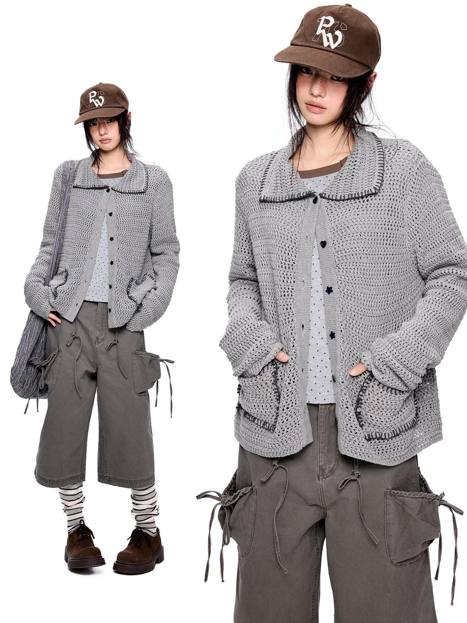 EZEK Retro Polo Collar Openwork Knit Striped Women's Cotton Blend Button-up Cardigans