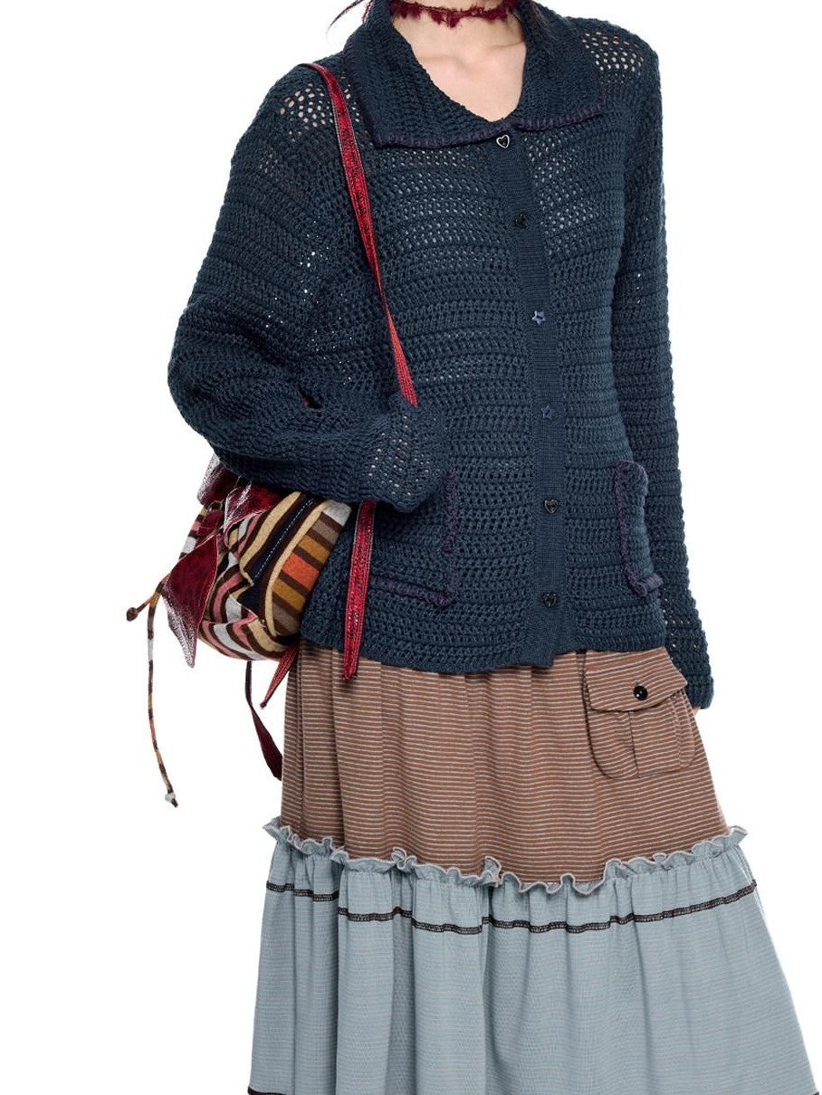 EZEK Retro Polo Collar Openwork Knit Striped Women's Cotton Blend Button-up Cardigans