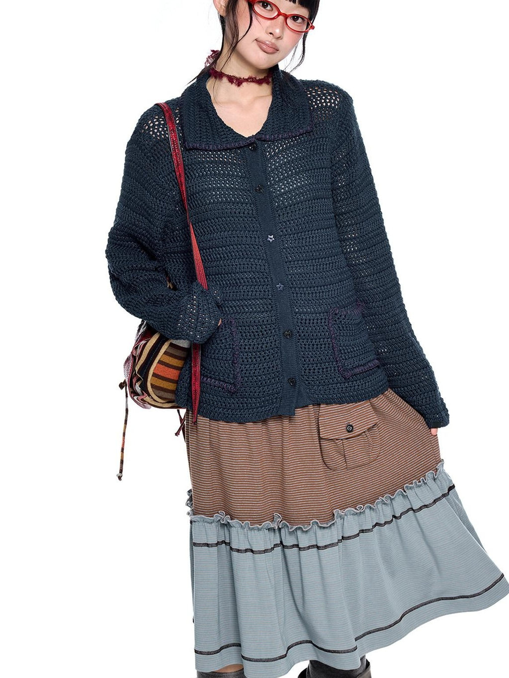 EZEK Retro Polo Collar Openwork Knit Striped Women's Cotton Blend Button-up Cardigans