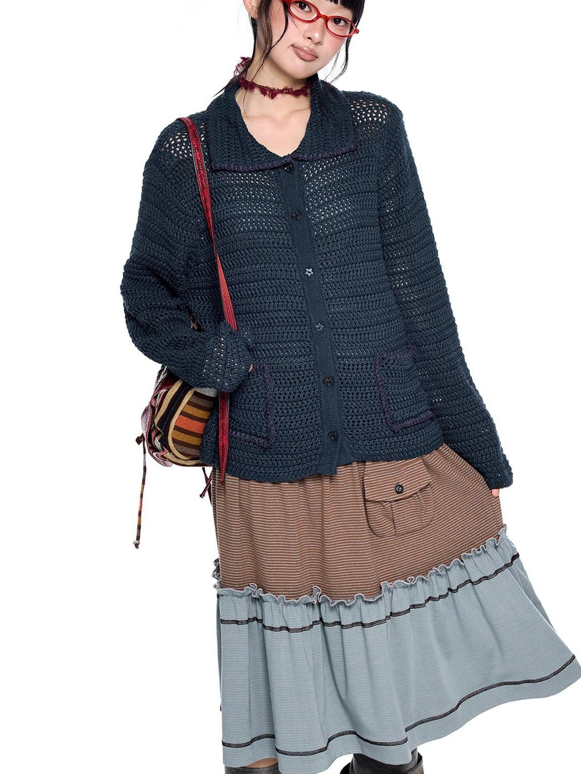 EZEK Retro Polo Collar Openwork Knit Striped Women's Cotton Blend Button-up Cardigans