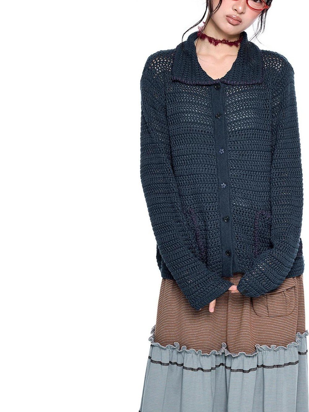 EZEK Retro Polo Collar Openwork Knit Striped Women's Cotton Blend Button-up Cardigans