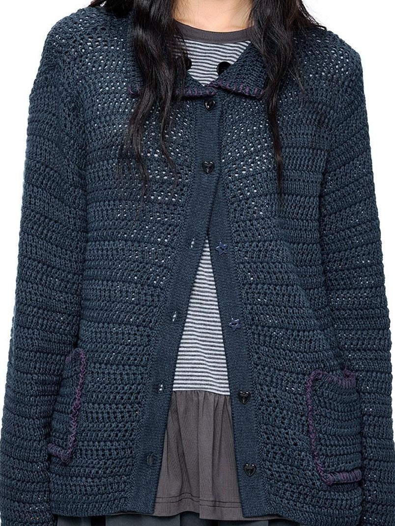 EZEK Retro Polo Collar Openwork Knit Striped Women's Cotton Blend Button-up Cardigans