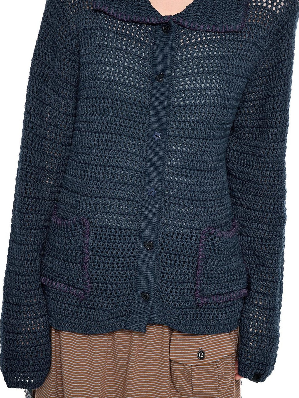 EZEK Retro Polo Collar Openwork Knit Striped Women's Cotton Blend Button-up Cardigans
