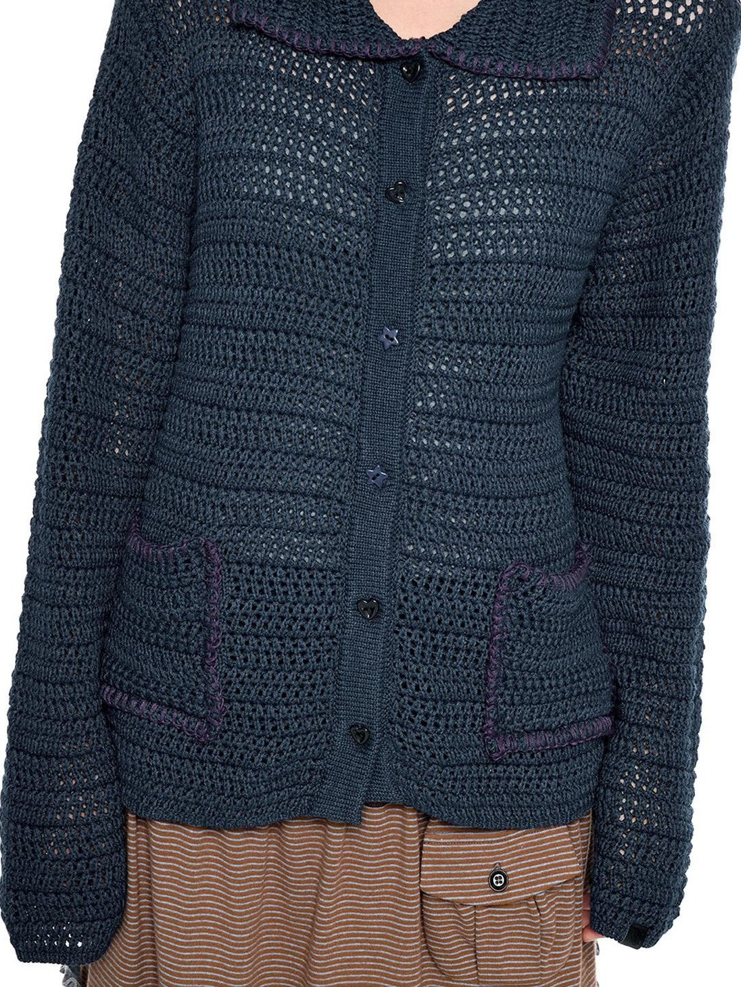 EZEK Retro Polo Collar Openwork Knit Striped Women's Cotton Blend Button-up Cardigans