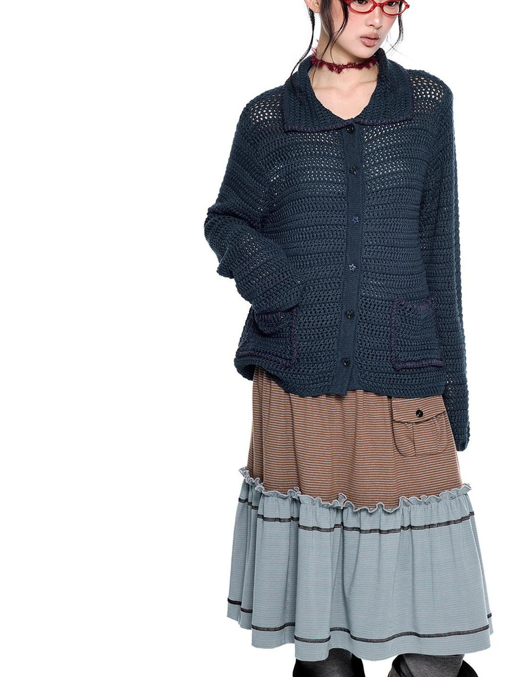 EZEK Retro Polo Collar Openwork Knit Striped Women's Cotton Blend Button-up Cardigans