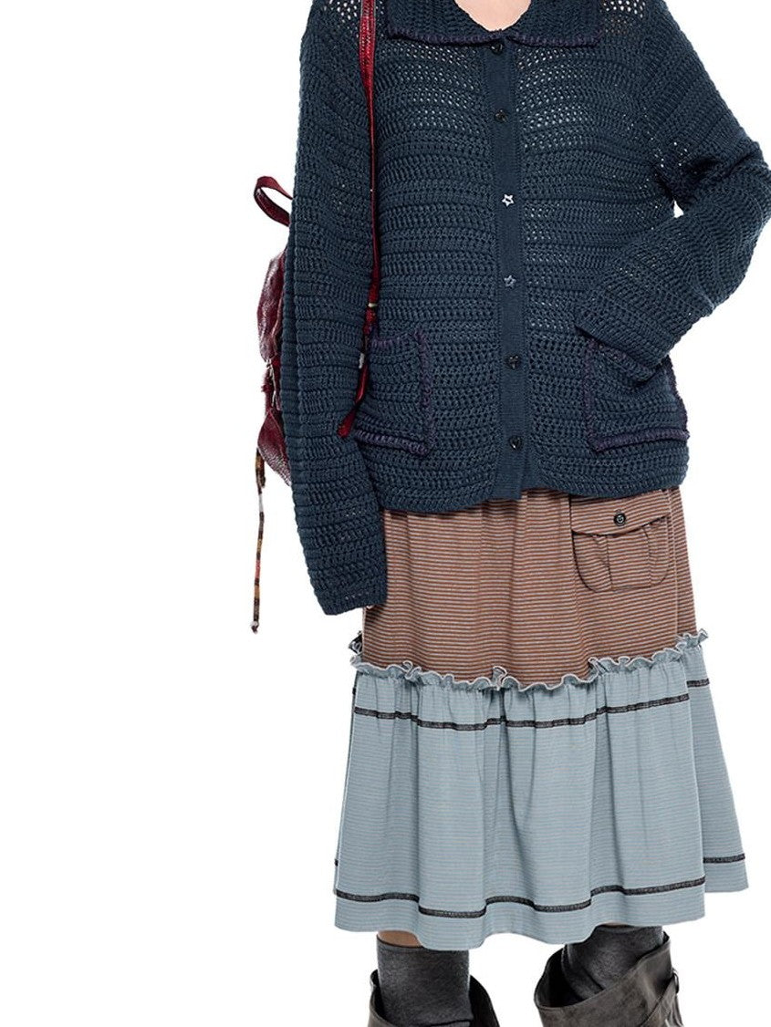EZEK Retro Polo Collar Openwork Knit Striped Women's Cotton Blend Button-up Cardigans