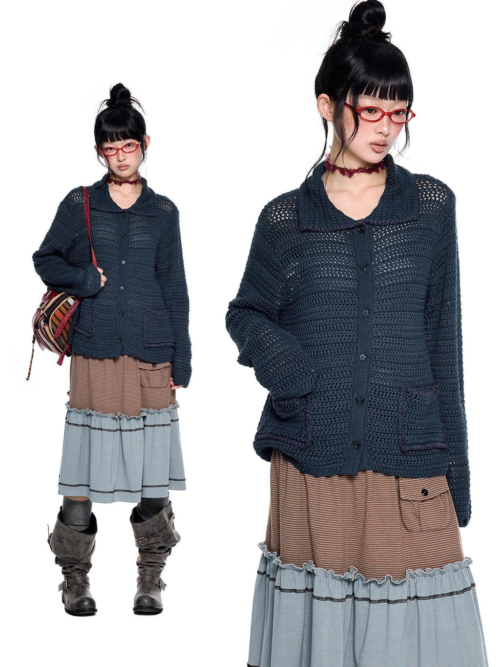 EZEK Retro Polo Collar Openwork Knit Striped Women's Cotton Blend Button-up Cardigans