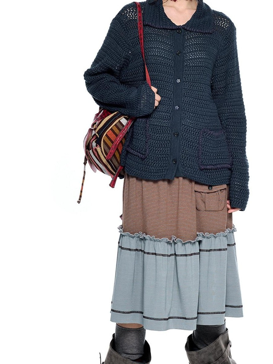 EZEK Retro Polo Collar Openwork Knit Striped Women's Cotton Blend Button-up Cardigans