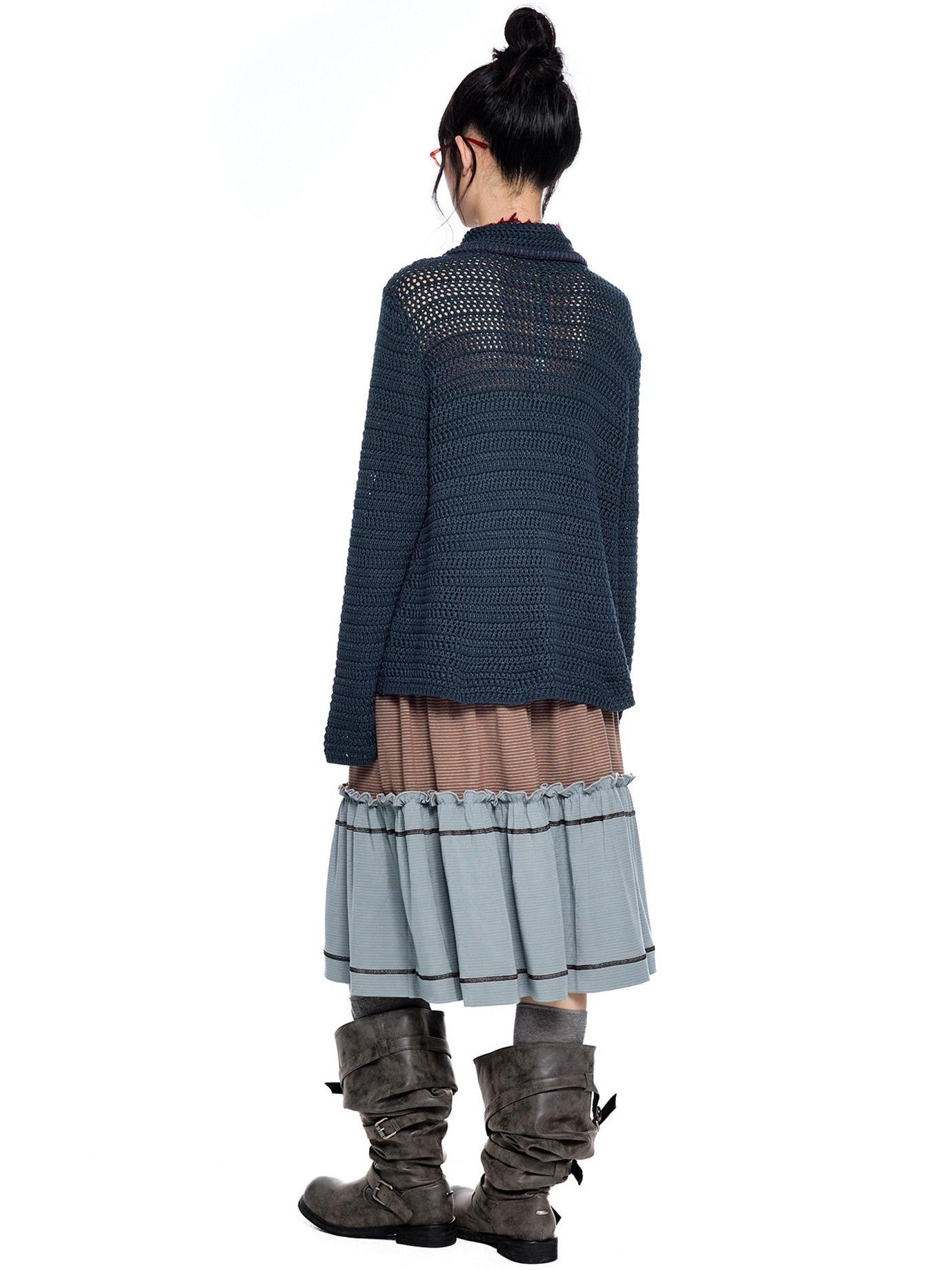 EZEK Retro Polo Collar Openwork Knit Striped Women's Cotton Blend Button-up Cardigans