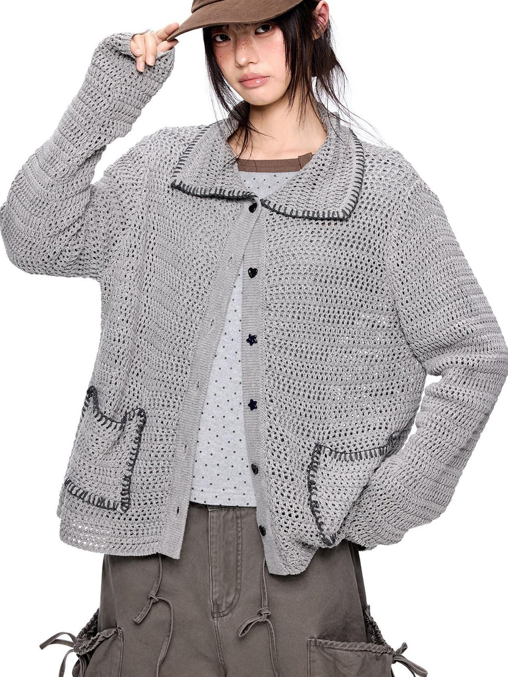 EZEK Retro Polo Collar Openwork Knit Striped Women's Cotton Blend Button-up Cardigans