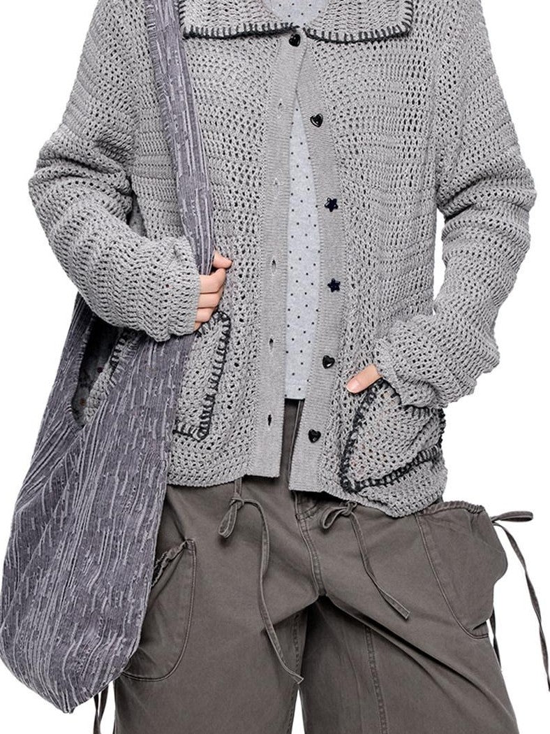 EZEK Retro Polo Collar Openwork Knit Striped Women's Cotton Blend Button-up Cardigans