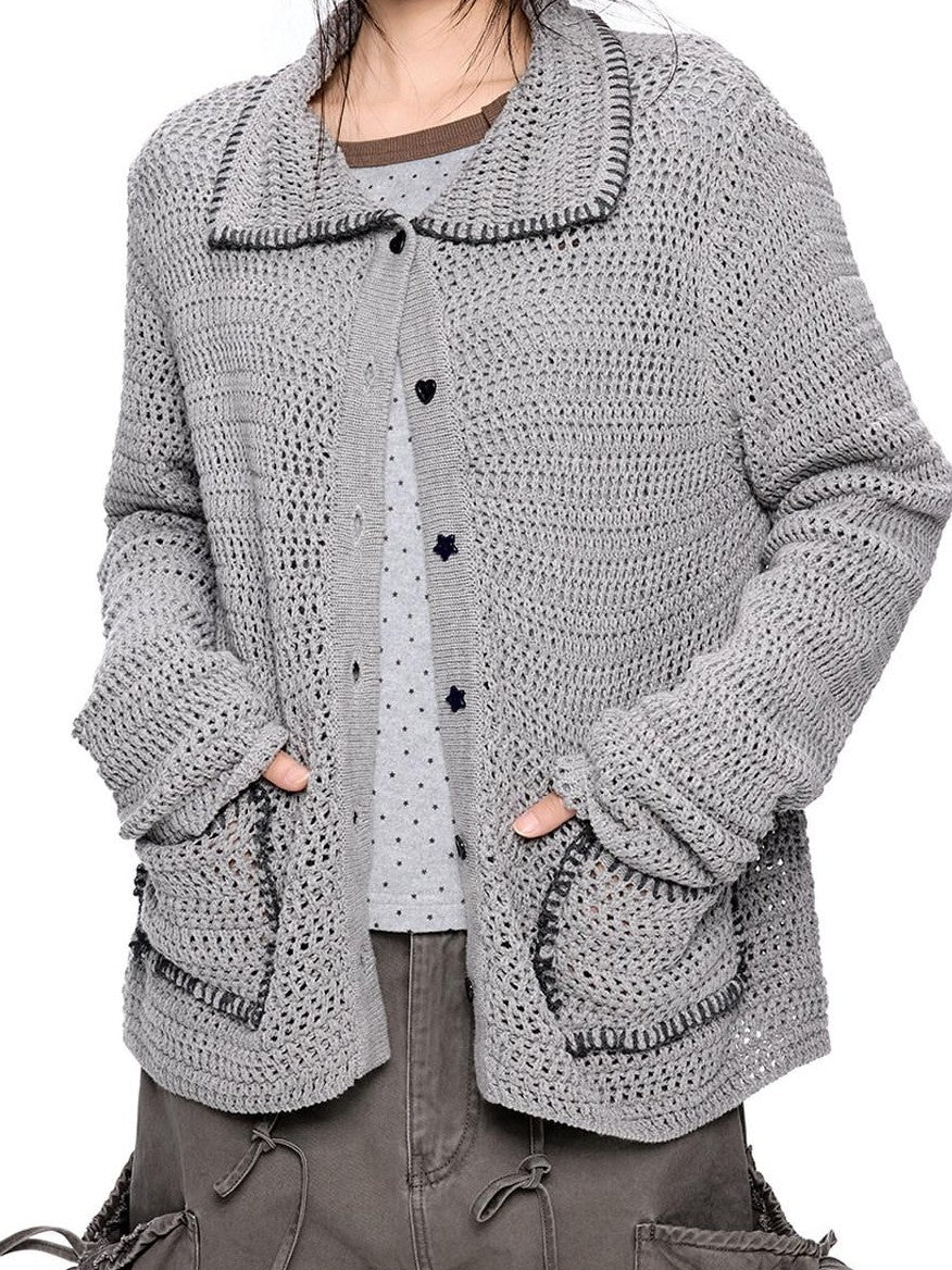 EZEK Retro Polo Collar Openwork Knit Striped Women's Cotton Blend Button-up Cardigans