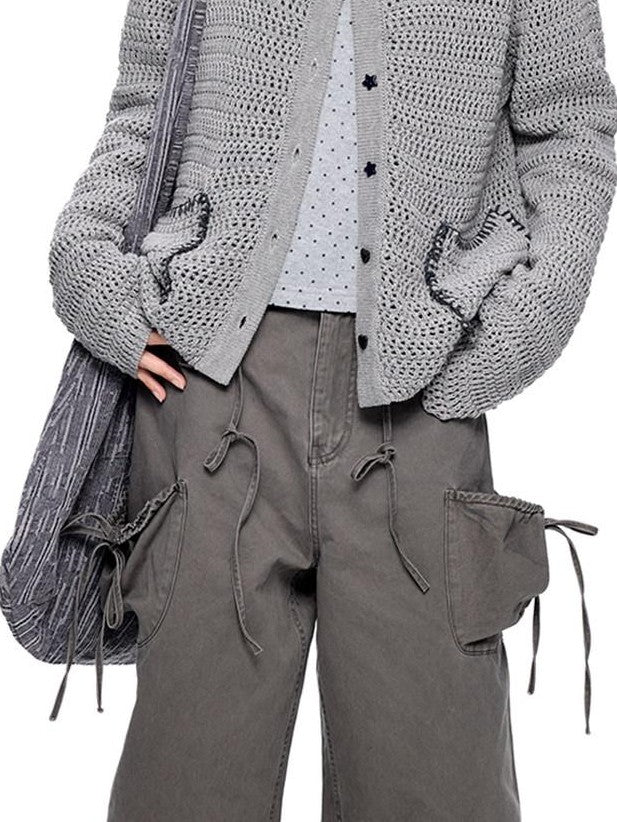 EZEK Retro Polo Collar Openwork Knit Striped Women's Cotton Blend Button-up Cardigans