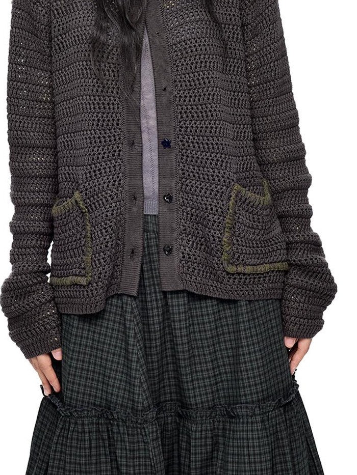 EZEK Retro Polo Collar Openwork Knit Striped Women's Cotton Blend Button-up Cardigans