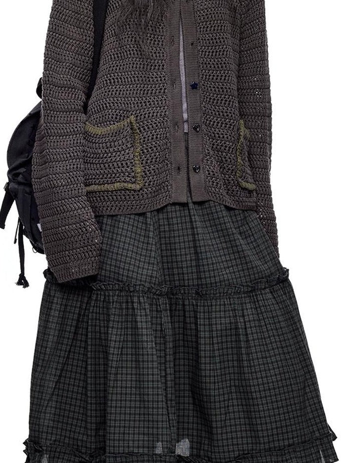 EZEK Retro Polo Collar Openwork Knit Striped Women's Cotton Blend Button-up Cardigans