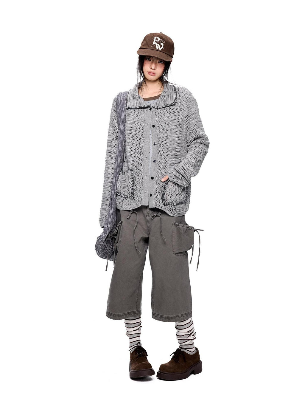 EZEK Retro Polo Collar Openwork Knit Striped Women's Cotton Blend Button-up Cardigans