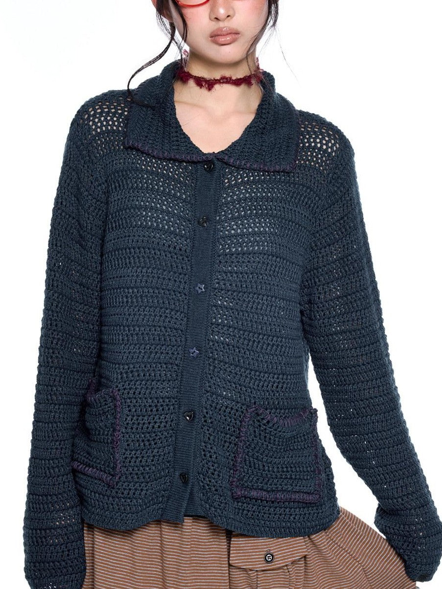 EZEK Retro Polo Collar Openwork Knit Striped Women's Cotton Blend Button-up Cardigans