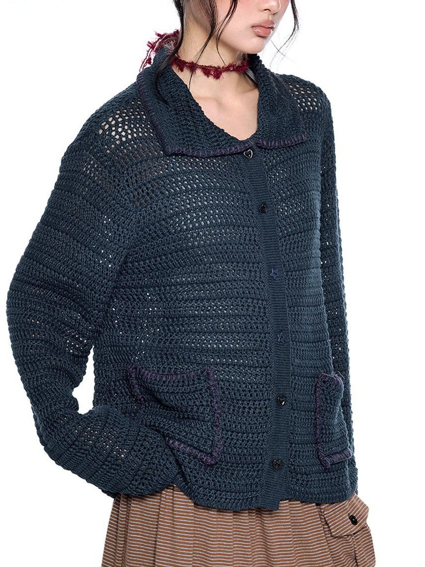 EZEK Retro Polo Collar Openwork Knit Striped Women's Cotton Blend Button-up Cardigans