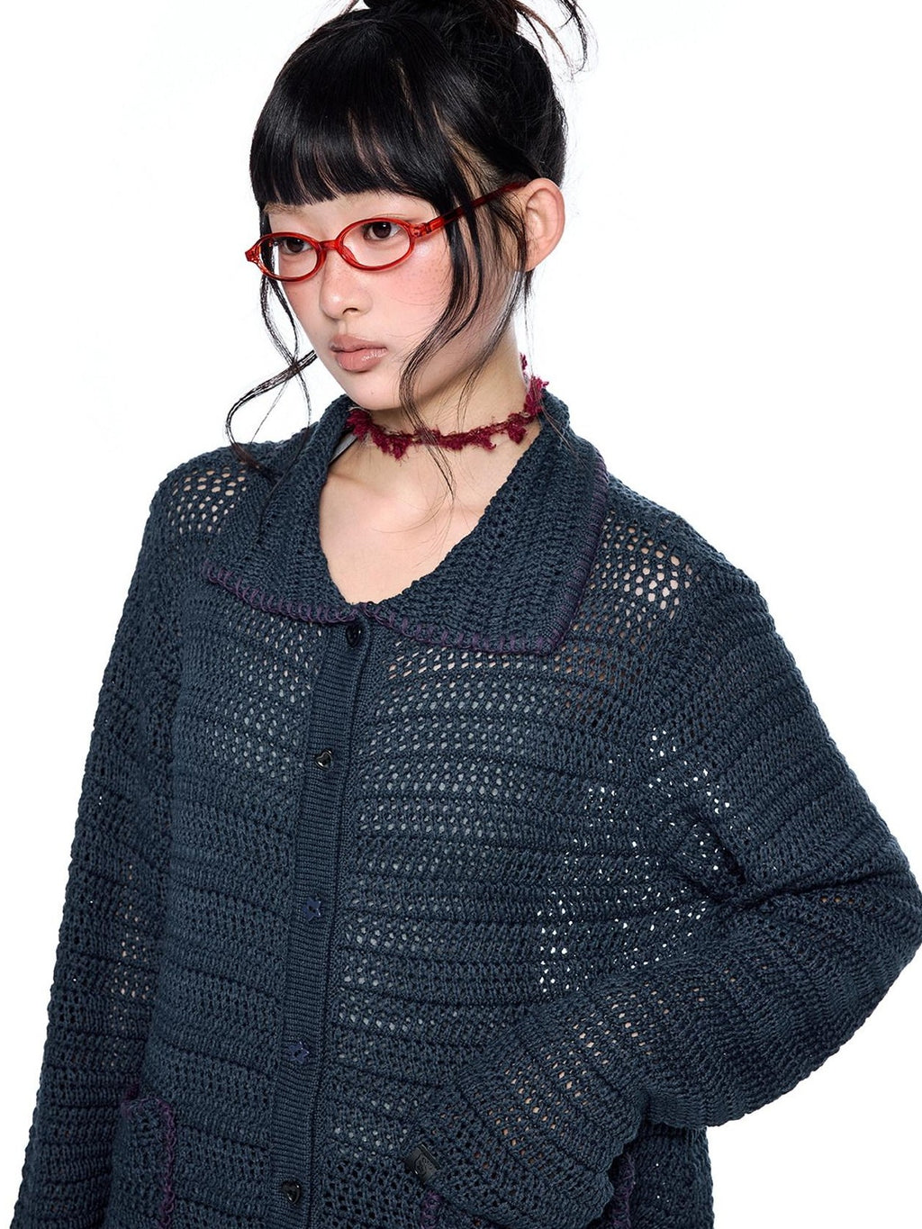 EZEK Retro Polo Collar Openwork Knit Striped Women's Cotton Blend Button-up Cardigans