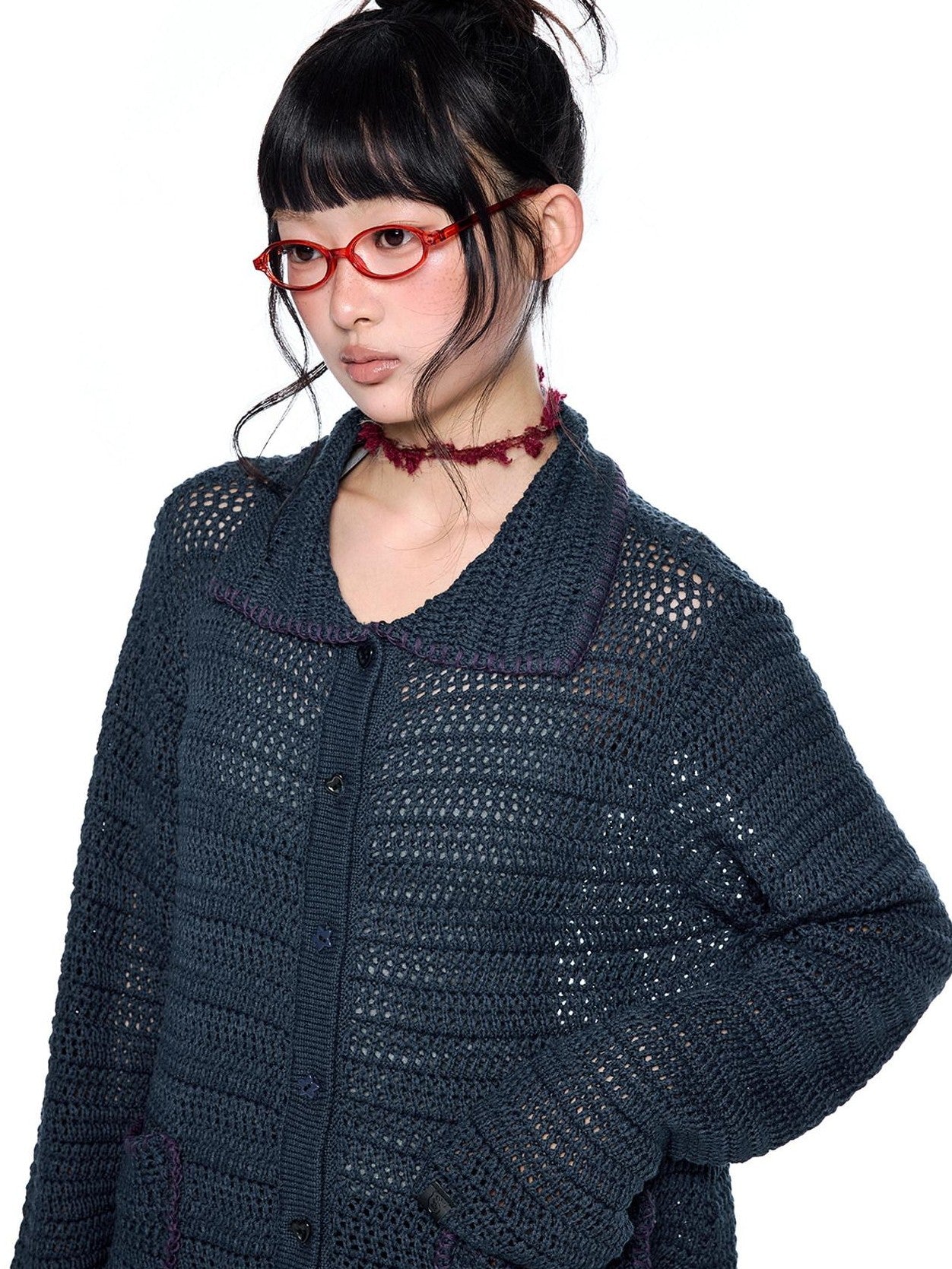 EZEK Retro Polo Collar Openwork Knit Striped Women's Cotton Blend Button-up Cardigans